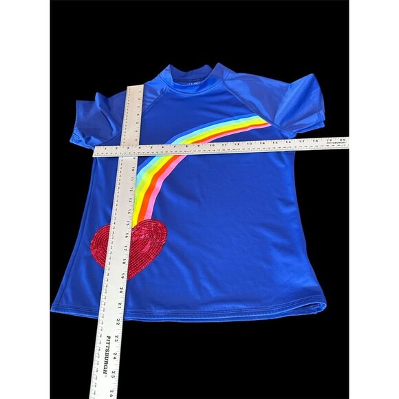 Lands End Rash Guard Swim Shirt Blue Girls XL16 Rainbow Heart Pride Short Sleeve - Picture 6 of 6